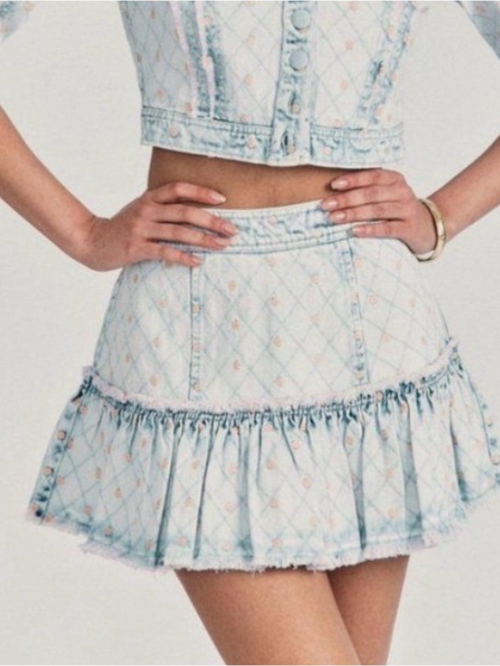LoveShackFancy Pale Blue Quilted Ruffle Mini Skirt
